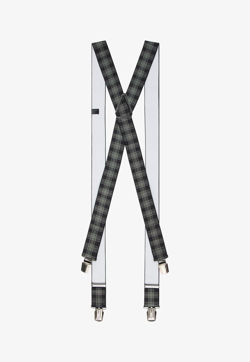 Zwart en grijs geruite bretels met witte banden, voorzien van metalen clips voor bevestiging en een centrale verstelbare gesp.