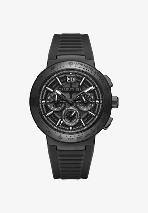 Melns hronogrāfs ar teksturētu ciparnīcu, baltām akcentiem, tachimetru un gumijas siksniņu. Iespējama datuma rādīšana 12:00.