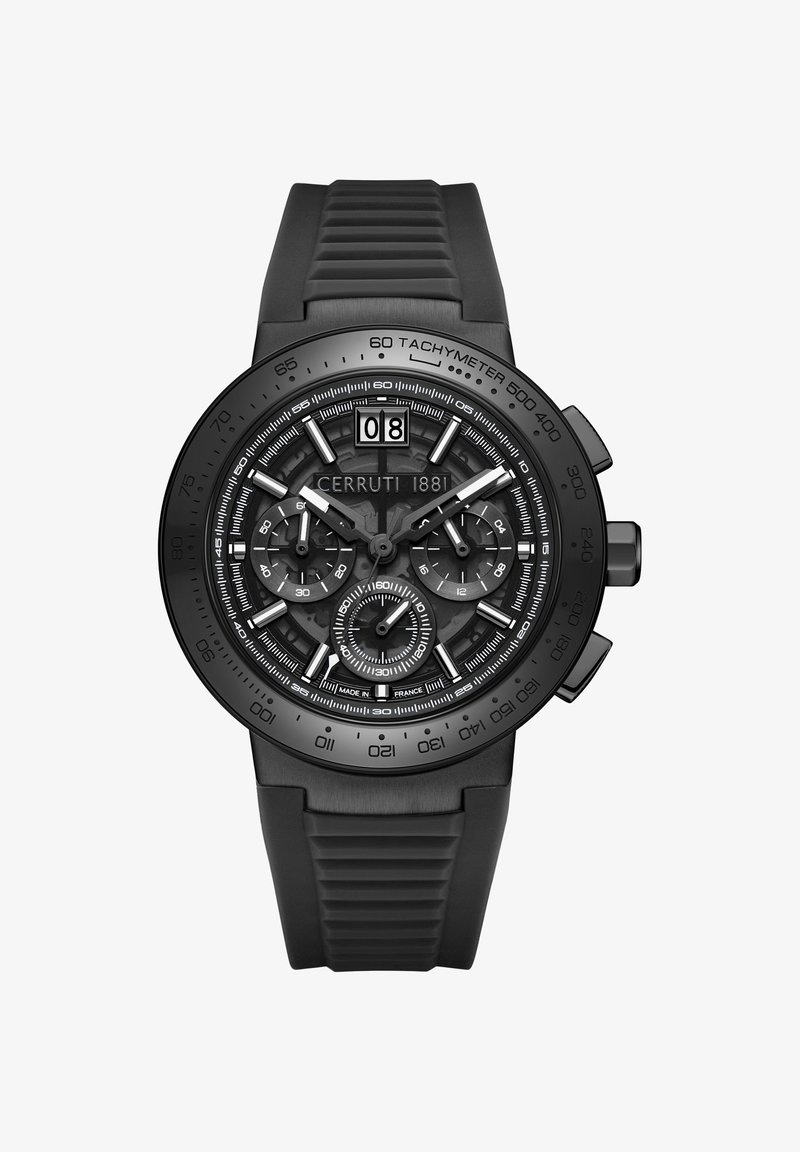 Melns hronogrāfs ar teksturētu ciparnīcu, baltām akcentiem, tachimetru un gumijas siksniņu. Iespējama datuma rādīšana 12:00.