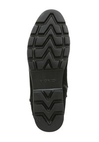 Suola di scarpa in gomma nera con un motivo a zigzag, con marchio in rilievo. Superficie texturizzata per una maggiore presa e durata.