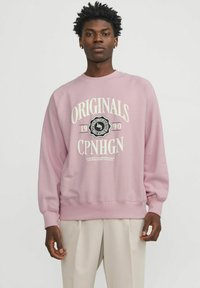 Sudadera rosa claro con cuello redondo, con texto blanco y un logo circular. Hecha de un material suave, tiene puños y dobladillo acanalados.