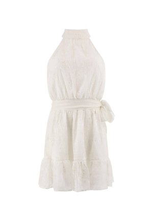 Vestido blanco con un cuello alto y diseño sin mangas. Presenta intrincados bordados florales, una cintura ajustada y un dobladillo con volantes.
