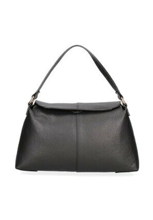 Sac à main en cuir noir avec une seule anse supérieure et une fermeture à rabat, présentant une forme rectangulaire structurée.