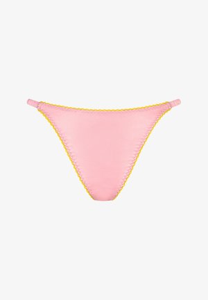 Pink bikini bottom with scalloped yellow trim, made from smooth fabric. Features adjustable side straps for a customizable fit.