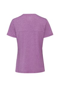 Vista posteriore di una maglietta viola screziata a maniche corte, semplice, con una cucitura sulla parte alta della schiena e scollo rotondo.