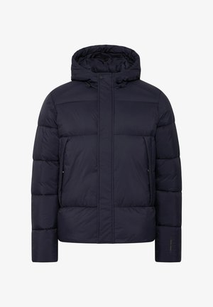 Marineblaues Steppjacke mit Kapuze, ausgestattet mit einem Reißverschluss, zwei seitlichen Taschen und einem gesteppten Design. Glattes, leichtes Material.