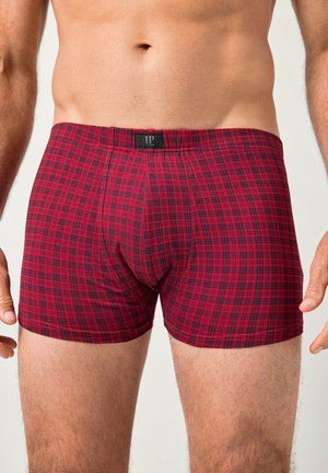 Rode geruite boxershorts met zwarte accenten; zachte stof; aansluitend ontwerp; elastische tailleband met een label op de achterkant.
