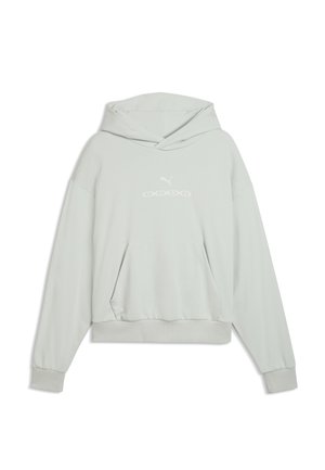 Hellgraues Kapuzensweatshirt mit langen Ärmeln, vorderer Kängurutasche und kleinem weißen Puma-Logo auf der Brust.