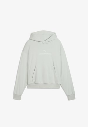 Sweat à capuche gris clair avec manches longues, poche kangourou à l'avant et petit logo Puma blanc sur la poitrine.