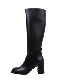 Bota de cuero negra hasta la rodilla con punta redondeada y tacón cuadrado, mostrada de lado sobre un fondo blanco.