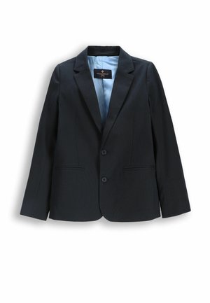 Czarna, dopasowana marynarka z jasnoniebieską podszewką, dwoma przednimi guzikami i klapami z wcięciem, ułożona płasko na białym tle.