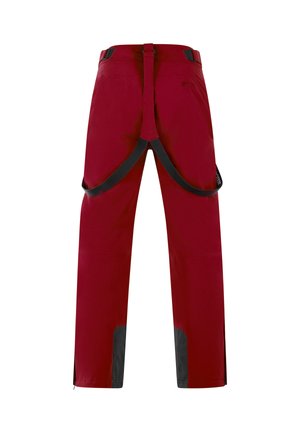 Rode softshellbroek met zwarte accenten onderaan, voorzien van verstelbare riemen in de taille en ventilatieritsen aan de zijkanten.