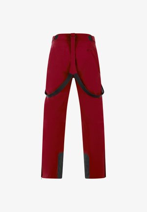 Rote Softshell-Hosen mit schwarzen unteren Akzenten, ausgestattet mit verstellbaren Trägern an der Taille und Belüftungsreißverschlüssen an den Seiten.