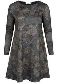 Graues Kleid mit langen Ärmeln, gefertigt aus einem strukturierten Stoff mit einem Blattmuster in Gold und Schwarz. A-Linien-Silhouette mit rundem Ausschnitt.