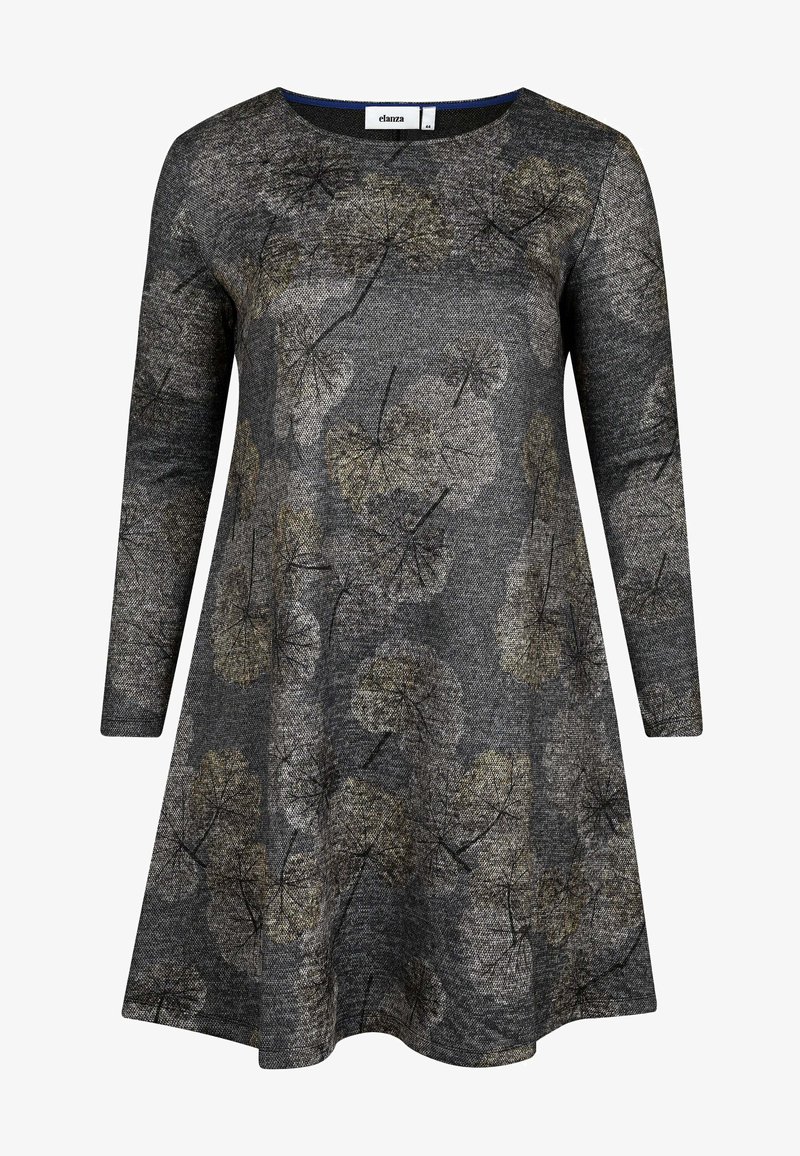 Graues Kleid mit langen Ärmeln, gefertigt aus einem strukturierten Stoff mit einem Blattmuster in Gold und Schwarz. A-Linien-Silhouette mit rundem Ausschnitt.