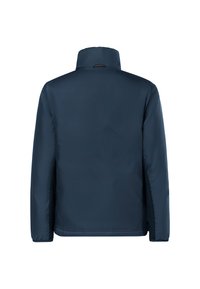 Veste rembourrée bleu marine au design épuré, avec un col haut et une texture lisse. Comprend un dos sans fermeture éclair et des détails de couture minimalistes.