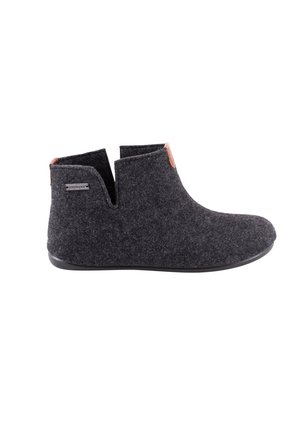 Dunkelgrauer Filz-Stiefelette mit schwarzer Sohle, seitlicher Öffnung und kleinen Lederauflagen an Ferse und oberer Seite.