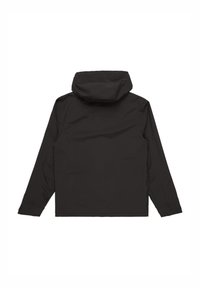 Black jacket with a hood, made from smooth, lightweight fabric. Features long sleeves and a simple, streamlined design with no visible hardware.