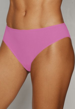 Pink cotton bikini briefs with a smooth texture and a low-rise design, featuring minimal coverage and no visible seams.