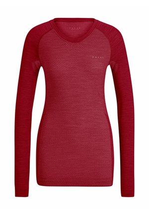 Rotes langärmliges Thermoshirt mit strukturiertem Netzdesign, runder Ausschnitt und kontrastierendem Stoff an Schultern und Armen.