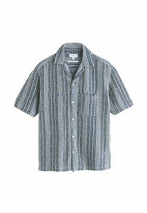 Short-sleeve button-up shirt with blue, white, and gray vertical wavy stripes and a chest pocket, laid flat on a white background.