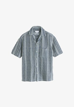 Short-sleeve button-up shirt with blue, white, and gray vertical wavy stripes and a chest pocket, laid flat on a white background.