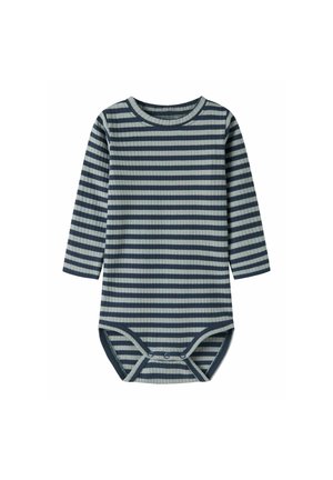 Body bébé à manches longues avec rayures horizontales bleu marine et gris clair, fermetures pressionnées à l’entrejambe.