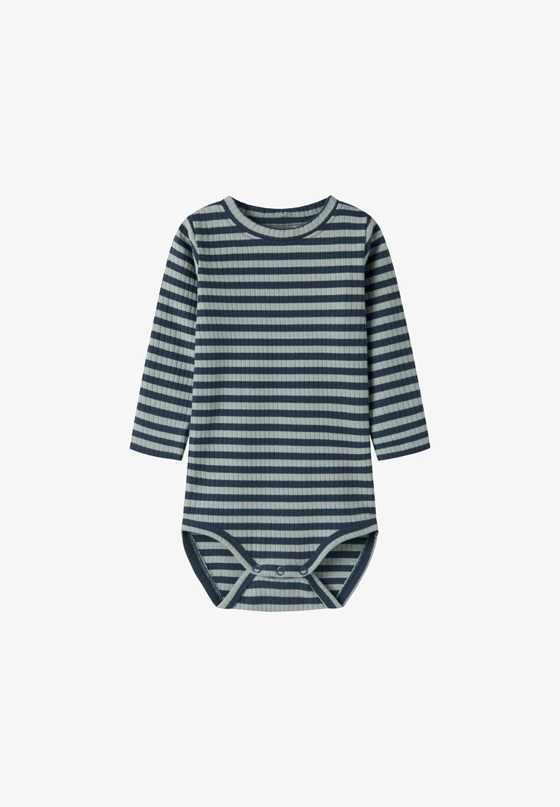 Body bébé à manches longues avec rayures horizontales bleu marine et gris clair, fermetures pressionnées à l’entrejambe.