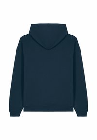 Sweatshirt à capuche bleu marine, en tissu doux, avec une coupe décontractée, des poignets et un ourlet côtelés. Pas de poches avant ni de détails supplémentaires visibles.