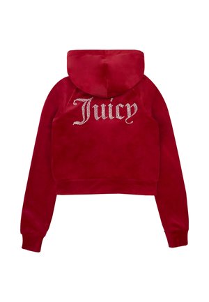Red cropped hoodie made of soft material, featuring rhinestone lettering of "Juicy" on the back, with a hood and long sleeves.