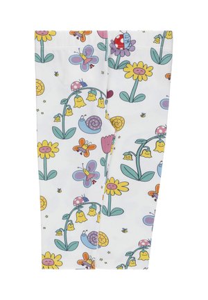 Tessuto bianco con motivo colorato di fiori, farfalle, lumache, coccinelle e api in stile cartone animato ripetuto su tutta la superficie.