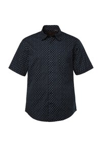 Korte mouwen overhemd in donker marineblauw met een subtiel geometrisch patroon, knoopsluiting aan de voorkant en een frisse kraag. Gemaakt van lichtgewicht stof.