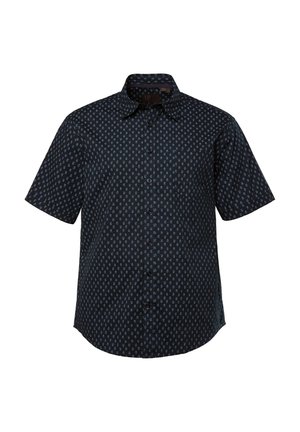 Kurzarmhemd in Dunkelblau mit einem subtilen geometrischen Muster, Knopfleiste und einem klaren Kragen. Hergestellt aus leichtem Stoff.