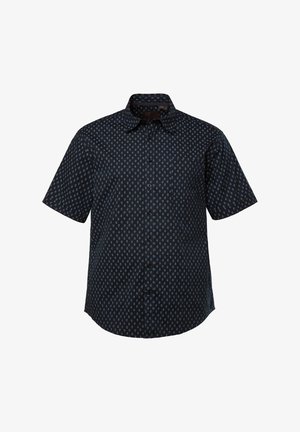 Camicia a maniche corte di un blu navy scuro con un delicato motivo geometrico, chiusura con bottoni e colletto rigido. Realizzata in tessuto leggero.