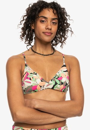 Floral bikini top with adjustable straps, featuring a vibrant pattern of pink and green leaves on a dark background. Soft fabric texture.