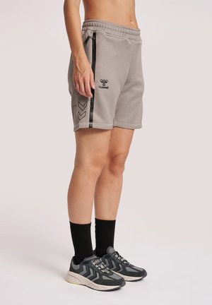 Pantalones cortos deportivos grises con cintura elástica, bolsillos laterales con cremallera y rayas decorativas negras. Combinados con calcetines negros y zapatillas grises.