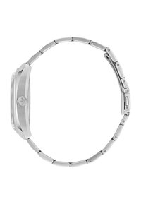 Montre en acier inoxydable argenté avec un boîtier rectangulaire, une lunette lisse et un bracelet à maillons. Présente un cadran en verre clair et un design minimaliste.