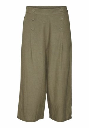 Olivově zelené kalhoty s širokými nohavicemi vyrobené z měkké látky, s vysokým pasem a čtyřmi předními knoflíky a dvěma předními záhyby pro další detaily.