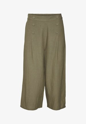 Olivza zaļas platās kājas bikses, izgatavotas no mīksta auduma, ar augstu vidukli, kas dekorēts ar četriem priekšējiem pogām un divām priekšējām krokām papildu detaļām.