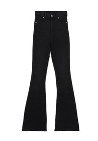 Black denim flared jeans with a high waist, featuring a button and zipper closure, two front pockets, and a smooth texture.