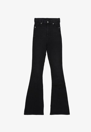 Black denim flared jeans with a high waist, featuring a button and zipper closure, two front pockets, and a smooth texture.