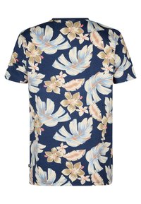 Lyhythihainen T-paita tummansinisestä kankaasta, jossa on kerma- ja pastellisävyinen kukka- ja lehtimalli; pehmeä tekstuuri ja rento muoto.