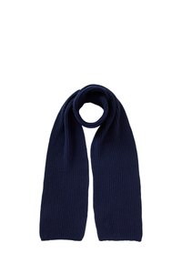Sciarpa in maglia a coste di colore blu navy con un anello circolare a un'estremità, caratterizzata da una texture morbida e un design lungo e dritto.