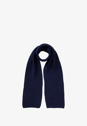 Bufanda de punto acanalado en color navy con un lazo circular en un extremo, que presenta una textura suave y un diseño largo y recto.