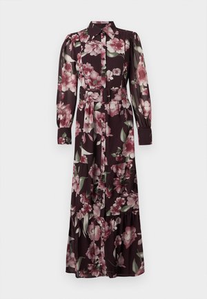 Maxi-jurk met lange mouwen in donkerpaars met bloemenprint, voorzien van een knoopsluiting aan de voorkant, een kraag, pofschouders en een bijpassende stoffen tailleband.