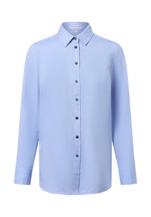 Camicia a maniche lunghe azzurro chiaro realizzata in tessuto liscio, con colletto classico, parte frontale botttonata e una singola tasca sul petto.