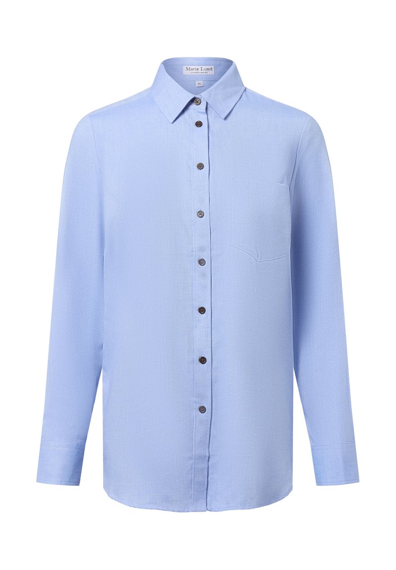 Light blue long-sleeve shirt made of smooth fabric, featuring a classic collar, buttoned front, and a single chest pocket.