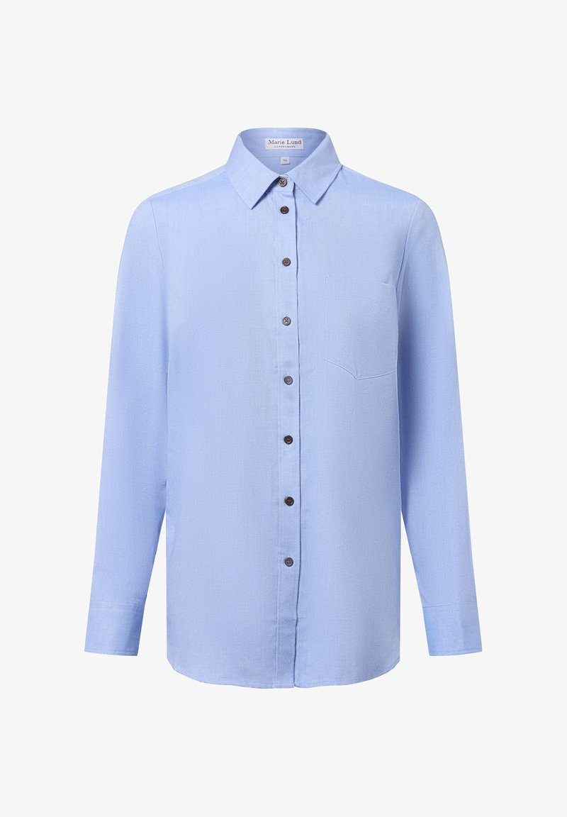 Light blue long-sleeve shirt made of smooth fabric, featuring a classic collar, buttoned front, and a single chest pocket.