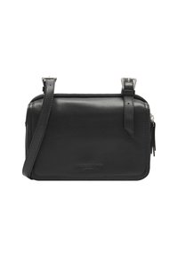 Borsa a tracolla in pelle nera con chiusura a zip, tracolla regolabile e logo impresso. Texture liscia con linee pulite e design minimalista.