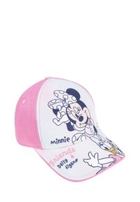 Cappellino rosa con una parte anteriore bianca che presenta disegni dei cartoni animati di Minnie Mouse, Paperina e Figaro. La scritta dice "Amici & Figaro."